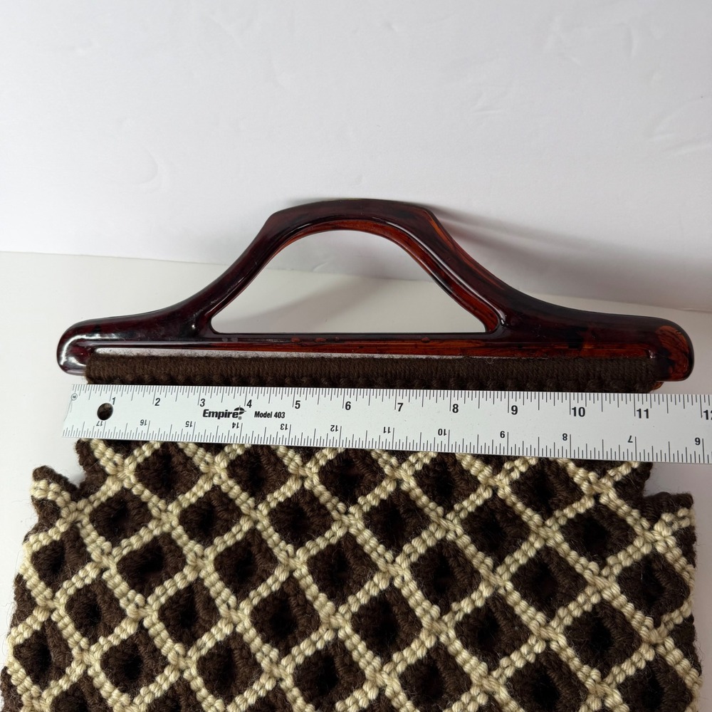 Vintage 70s Wool Handbag Brown Cream Diamond Pattern Tortoiseshell Handle Bag - Picture 10 of 10